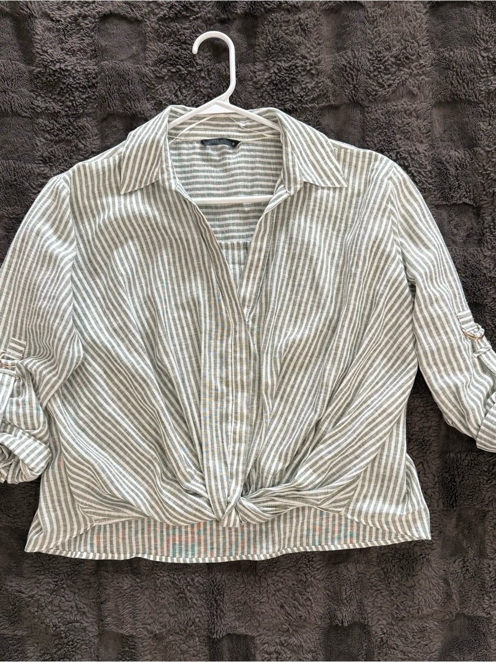Zara Taupe & White Striped Knot-Front Button Shirt